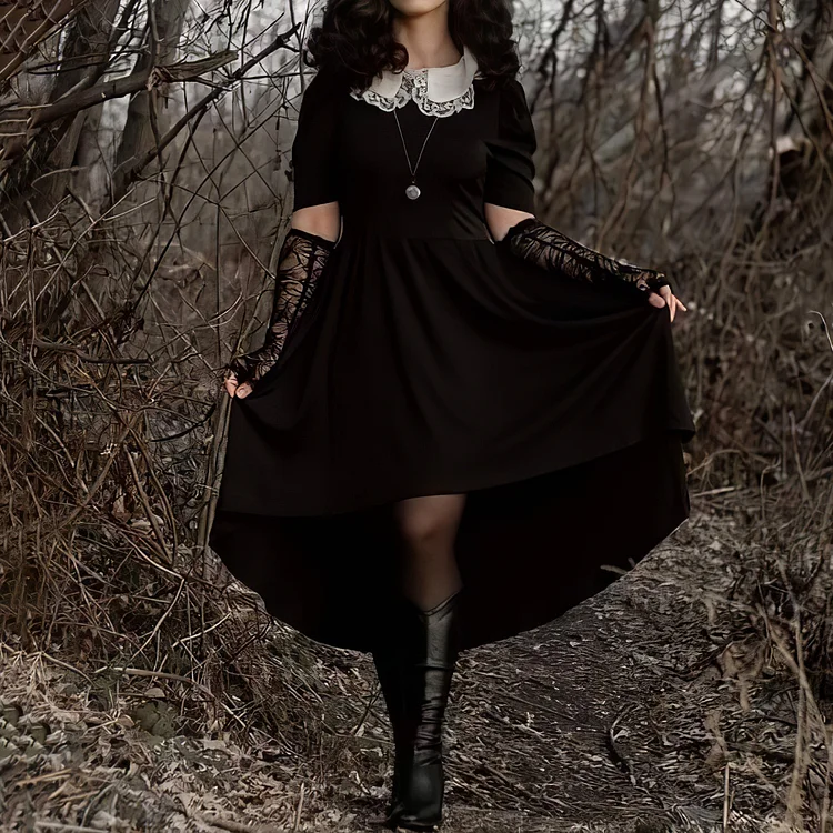 Retro Gothic Baby Doll Collar Short Front Long Back Midi Dress