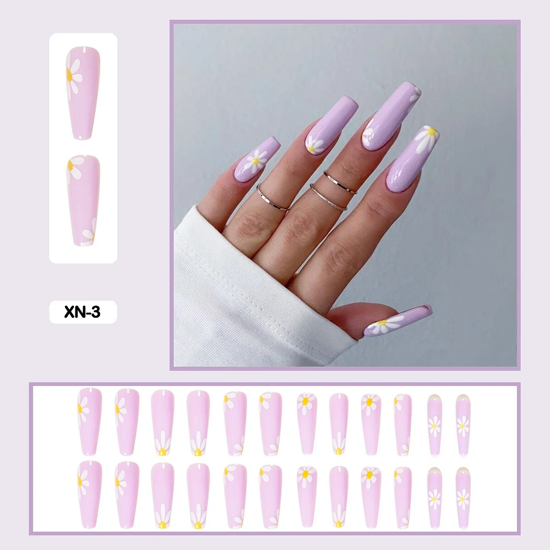 24pcs/box Press On False Nails Long Trapezoid Daisy Broken Flowers Wearable Fakse Nails With Glue and Wearing Tools As Gift-Nail Inspo