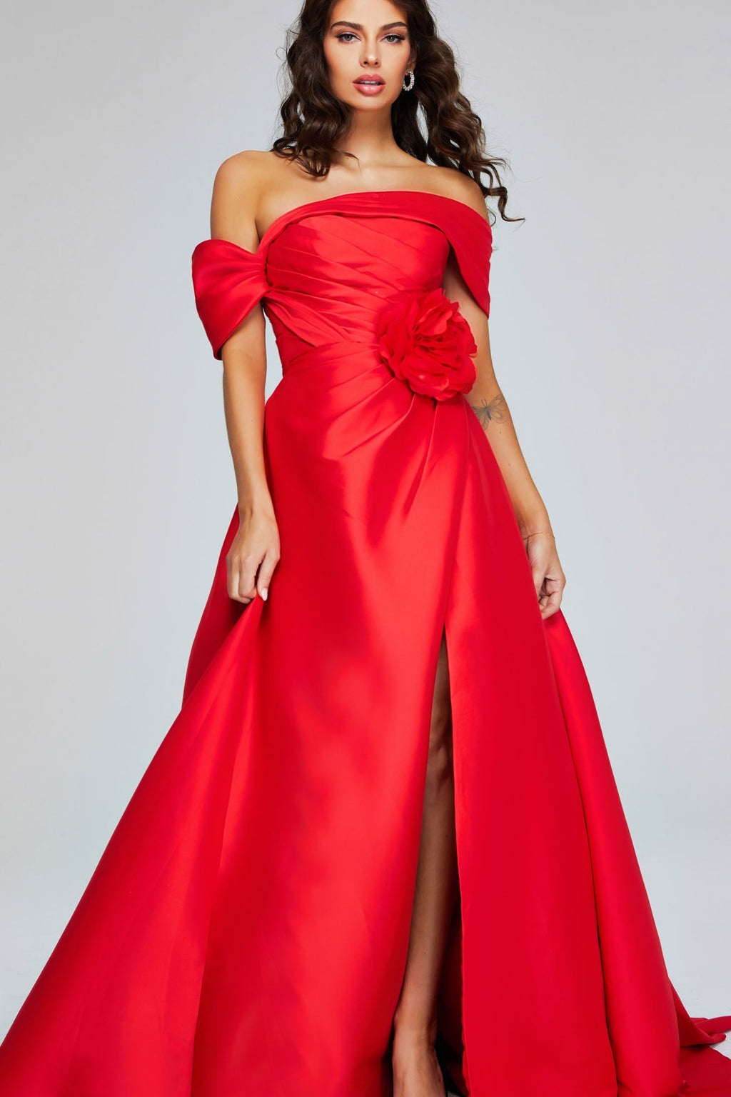 Ovlias Stunning Red Off-the-shoulder Flower Split Sleeveless Evening Dress LY0659