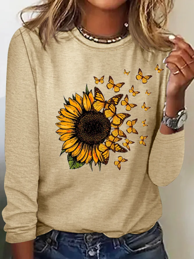 Women’s Butterfly Sunflower Print Casual Long Sleeve Shirt