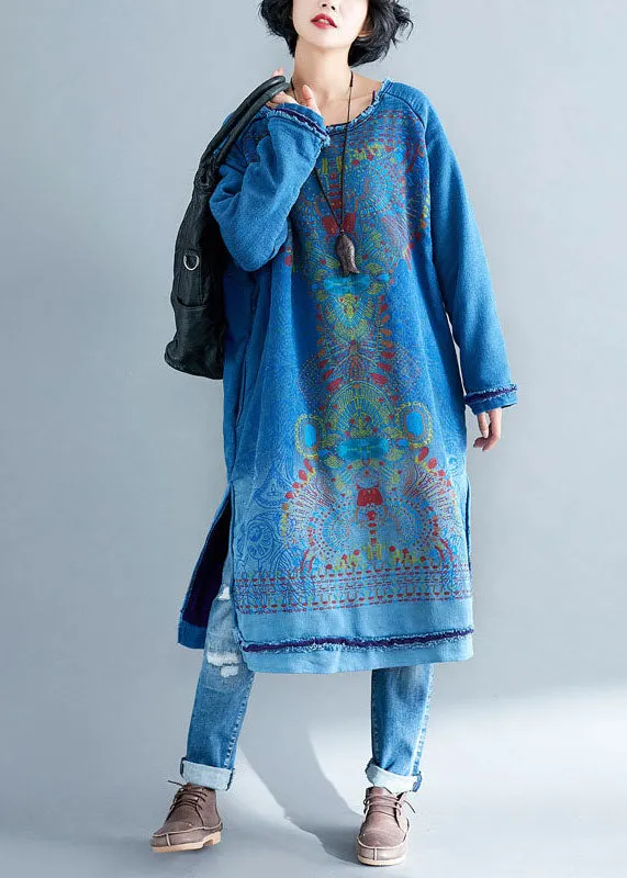 Blue Gradient Patchwork Cotton Mid Dress O Neck Spring