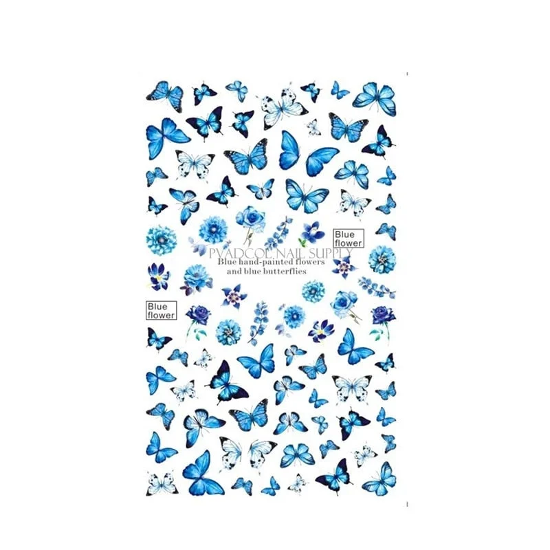 Butterfly Stickers Nail Art Blue Butterflies Flowers Rose 3D Transfer Decals Acrylic Designs Back Glue Adhesive Manicure Slider