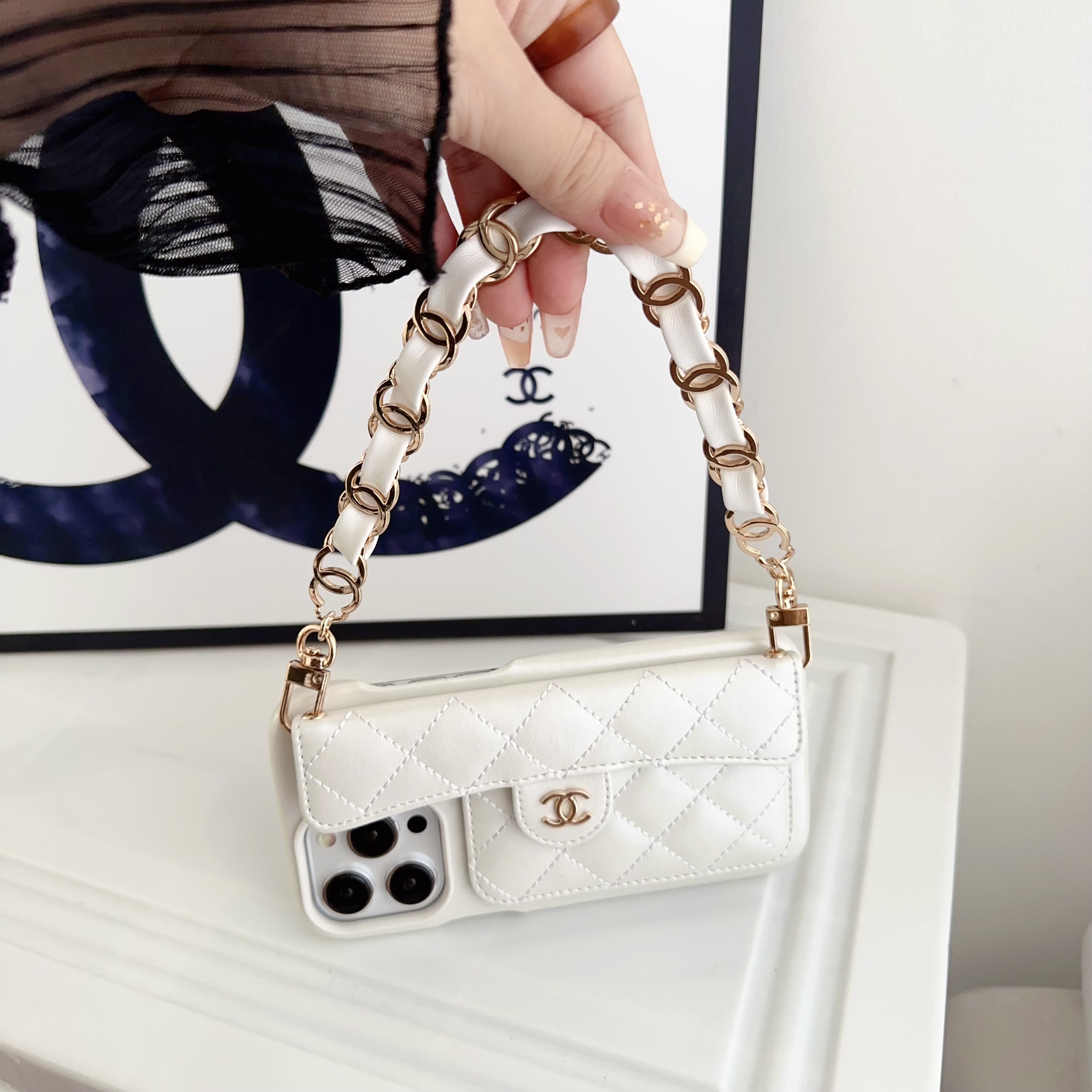 Chanel Official Hand Chain Cardholder Leather iPhone Case Crossbody Cord