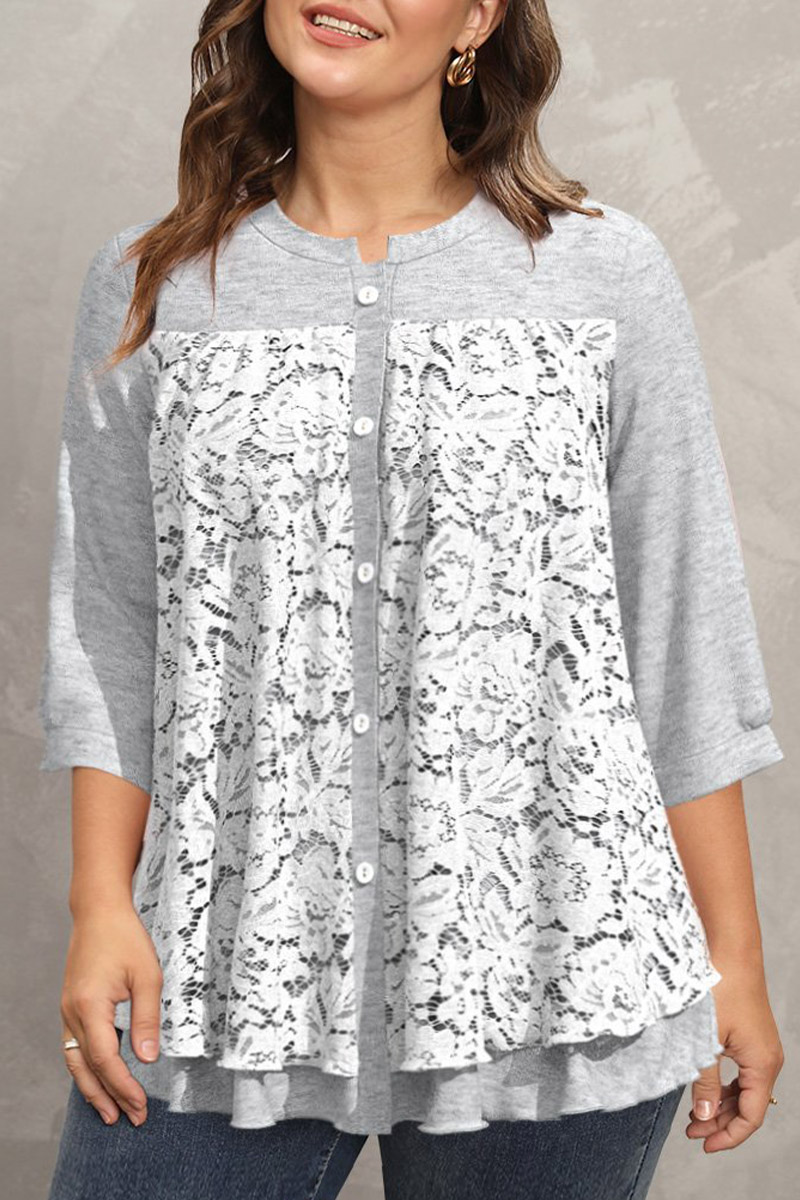 Flycurvy Plus Size Casual Light Lace Stitching Double Layer Buttons 3/4 Sleeve Blouse 2024 - Flycurvy 