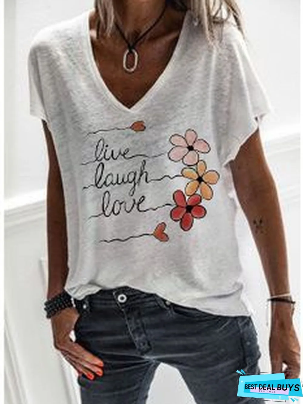 Casual V Neck Loose Cotton-Blend T-shirt