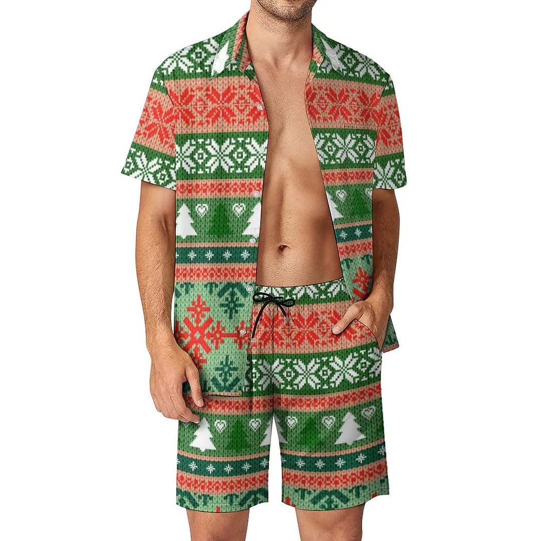 Ugly Christmas Sweater Holiday Men Hawaiian 2 Piece Outfit Vintage Button Down Beach Shirt Shorts Set Tracksuit with Pockets