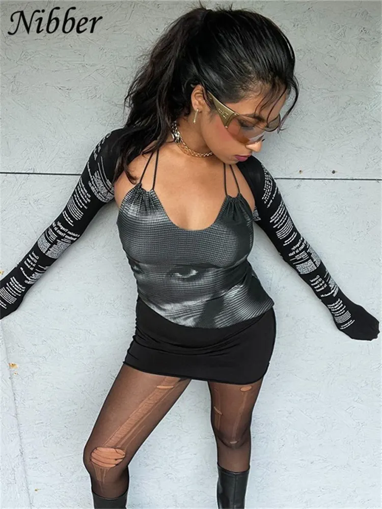 Two Piece Fashion Letter Art Portrait Printing Camisole Short Long Sleeved T-Shirt