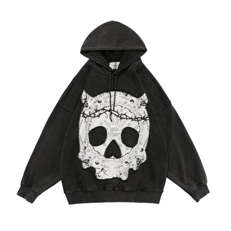 Y2K Skull Patch Embroidered Dark Black Wash Water Distressed Loose Hoodie-luchamp:luchamp