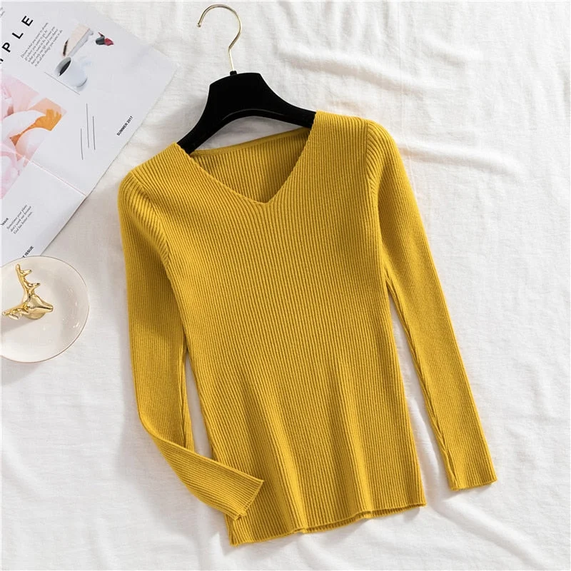 Zoki Sexy V Neck Women Pullover Sweater Fashion Autumn Winter Long Sleeve Knitted Jumper Top Casual Korean Slim Basic Blouse