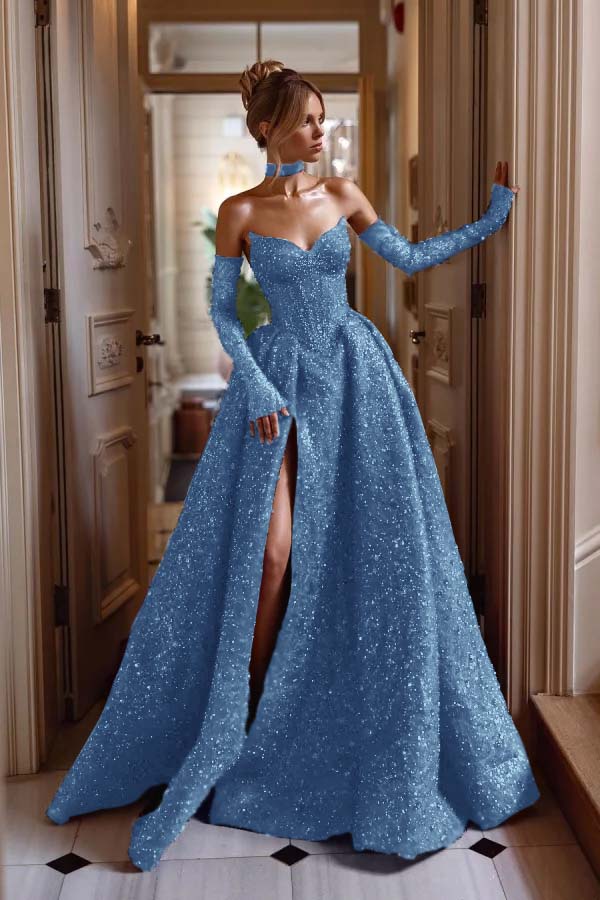 Hidais Strapless Sleeveless Long Split Prom Dress With Sequins Detachable sleeves