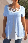 Plus Size Cross Strap Short Sleeve Blouses