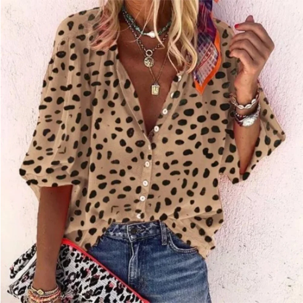 Women Polka Dot Shirts Fashion Half Sleeve Button Down V-Neck Blouse Elegant Fashion Lady Loose Tops Plus Size Female Shirt 3XL