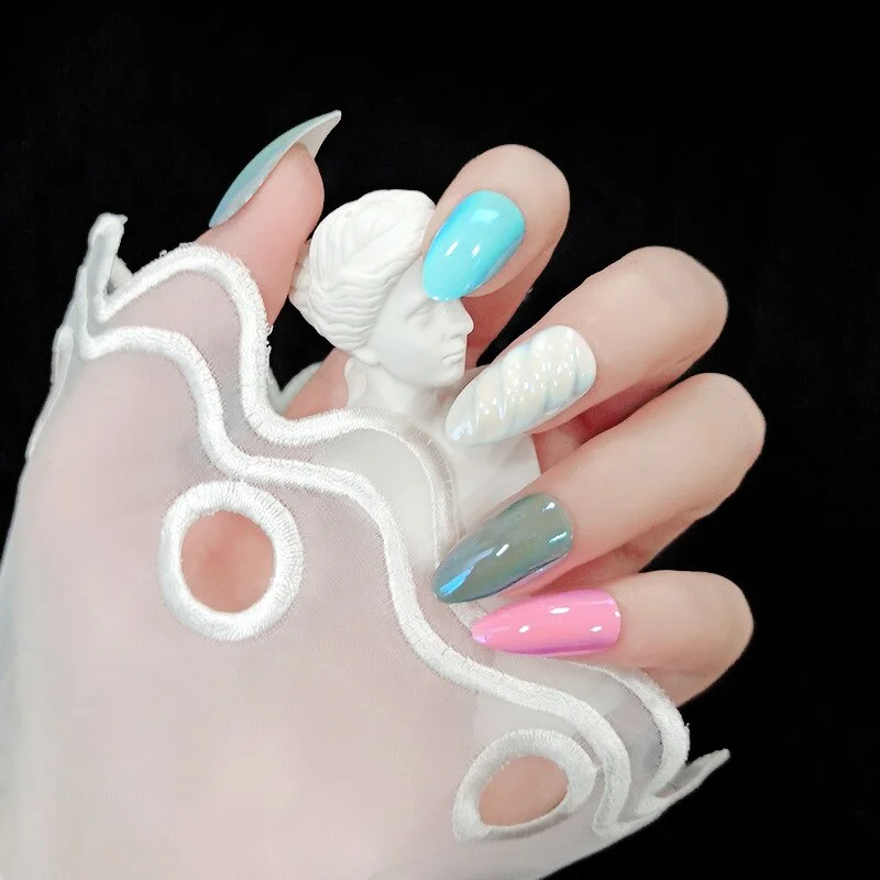 Fake Nails Nail Art Tips Press on False Tipsy withGlue Coffin Stick Designs Display Set Full Cover Artificial Detachable Mirror-Nail Inspo