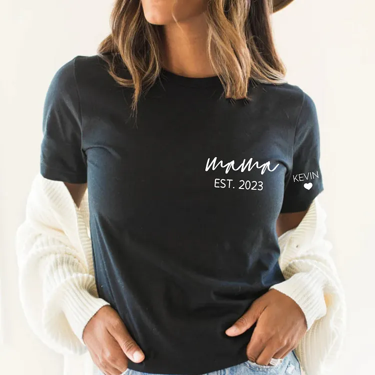 Custom Personalised Mama Est Year T-shirt, with Children's Names on the Sleeve, Mother's Day Gift