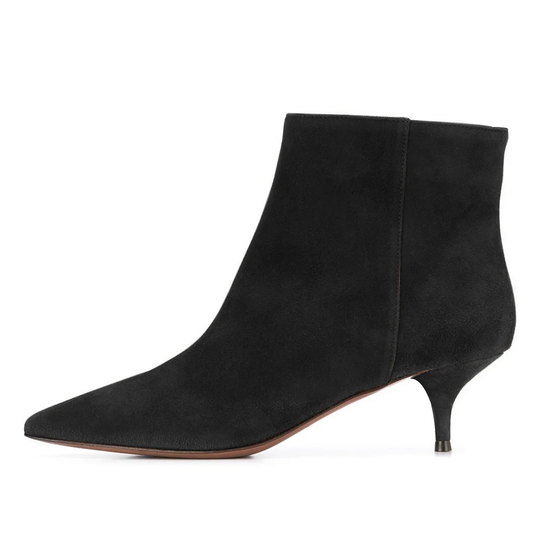 Black Vegan Suede Pointed Toe Boots Kitten Heel Booties for Women