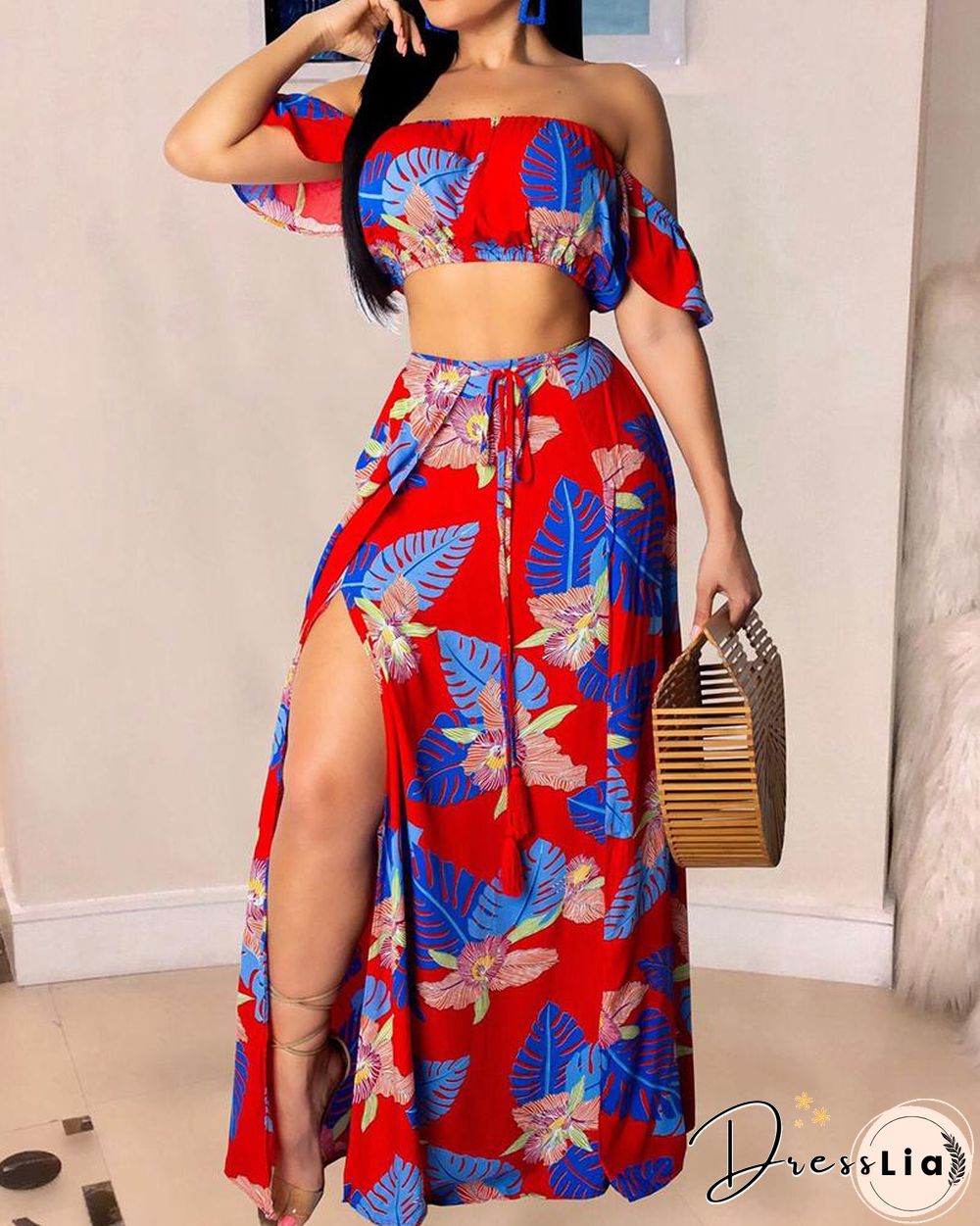 Off Shoulder Tropical Print Crop Top & High Slit Maxi Skirt Set