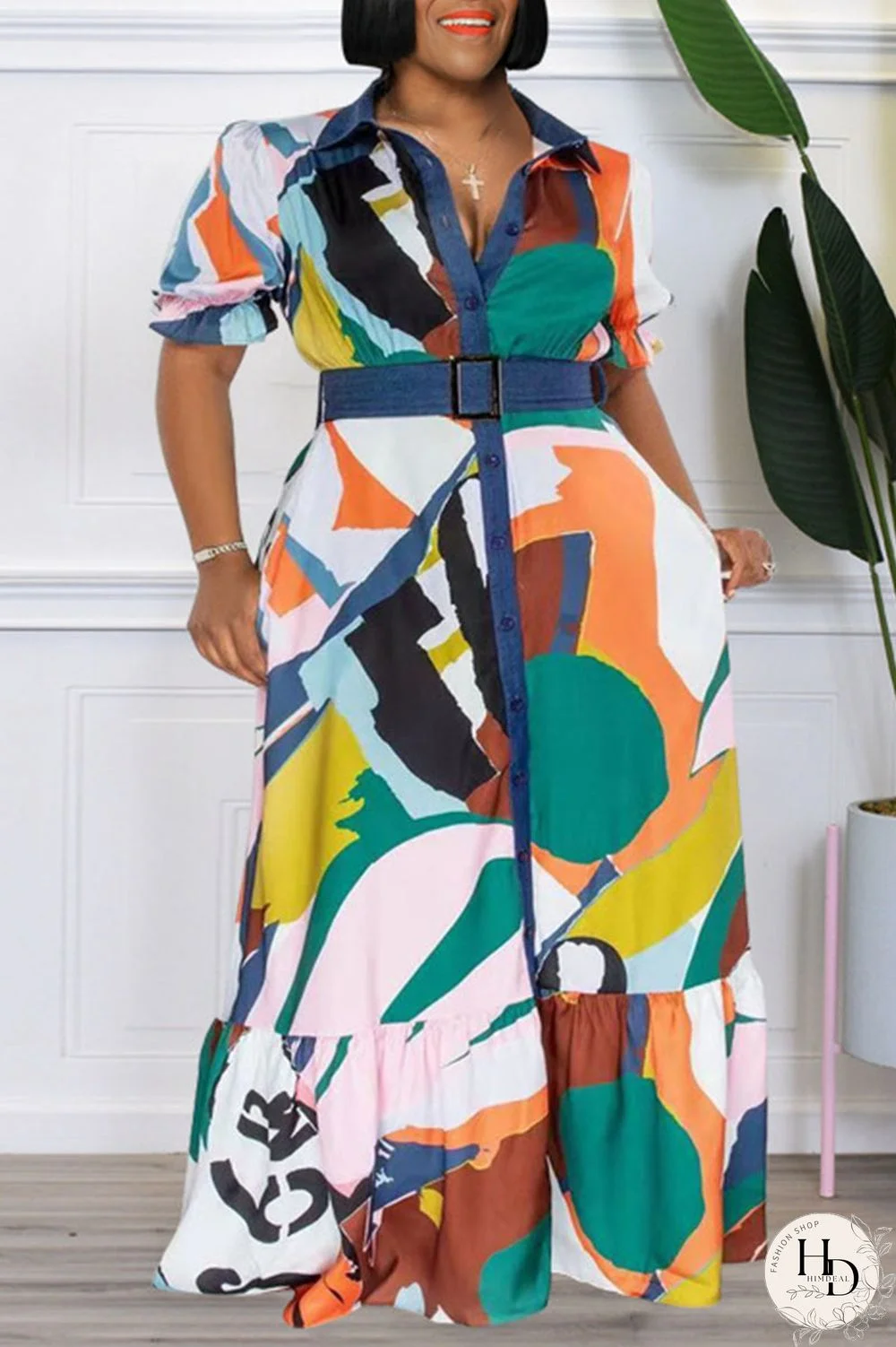 Tangerine Casual Print Patchwork Buckle Turndown Collar Straight Plus Size Dresses