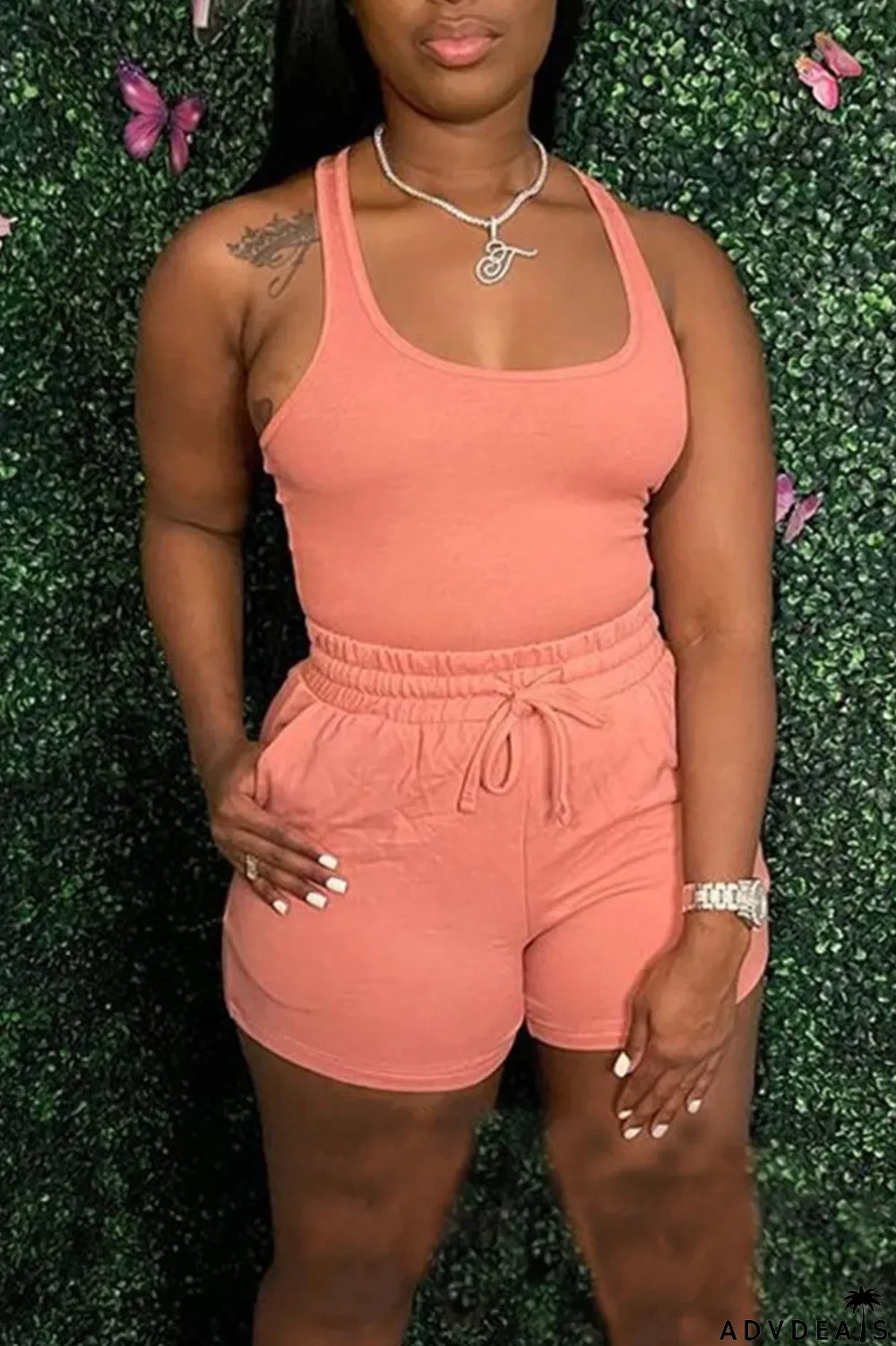 Orange Pink Casual Solid Split Joint U Neck Sleeveless Two Pieces