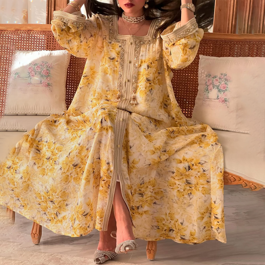 Women's Middle Eastern Romantic Floral Print Jalabiyas Dress