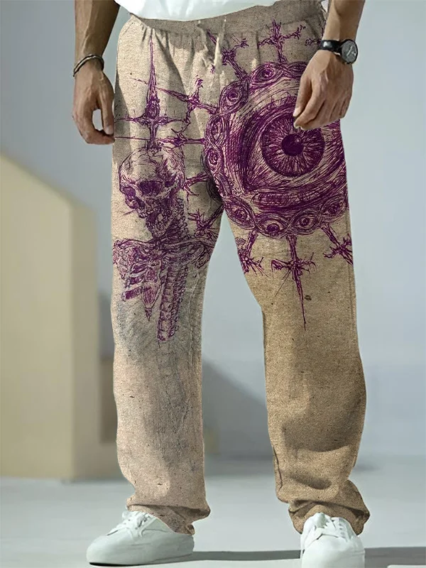 Men's Retro Evil Devil Eye And Skull Art Print Casual Pants
