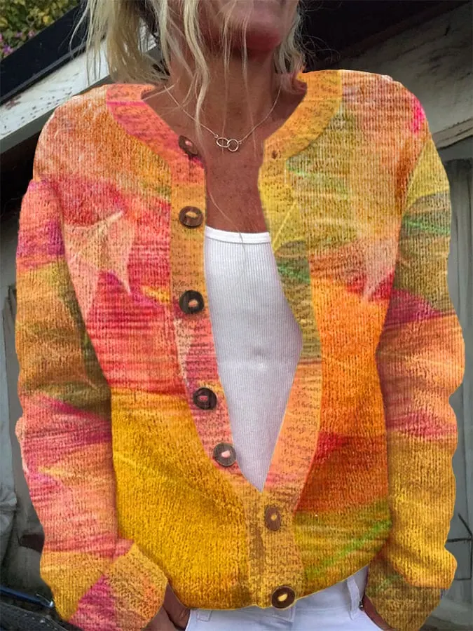 Women's Fall Leaf Print Sweater Cardigan 