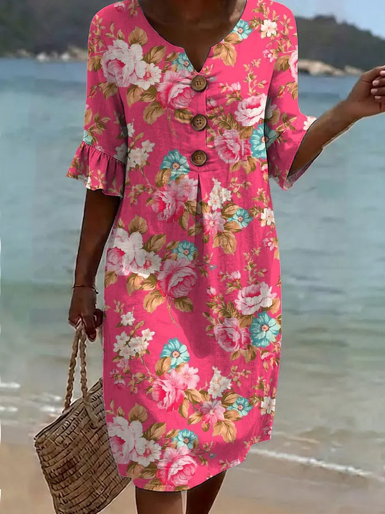 Women's Vintage Flower Pattern Print Casual Button-down Cotton Dress