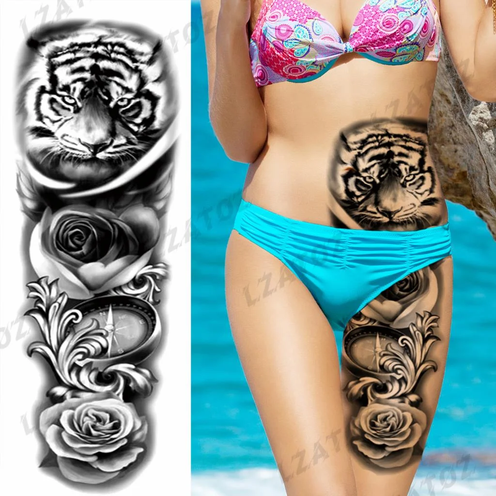 Sdrawing Sleeve Temporary Tattoos For Men Women Realistic Pirate Ship Wolf Tiger Skull Rose Flower Fake Tattoo Sticker Arm Tatoos