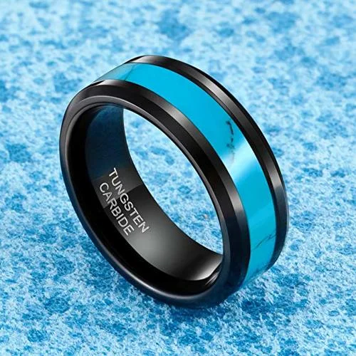 6MM 8MM Men's or Women's Black Tungsten Carbide Blue Turquoise Inlay Tungsten Carbide Wedding Matching Rings