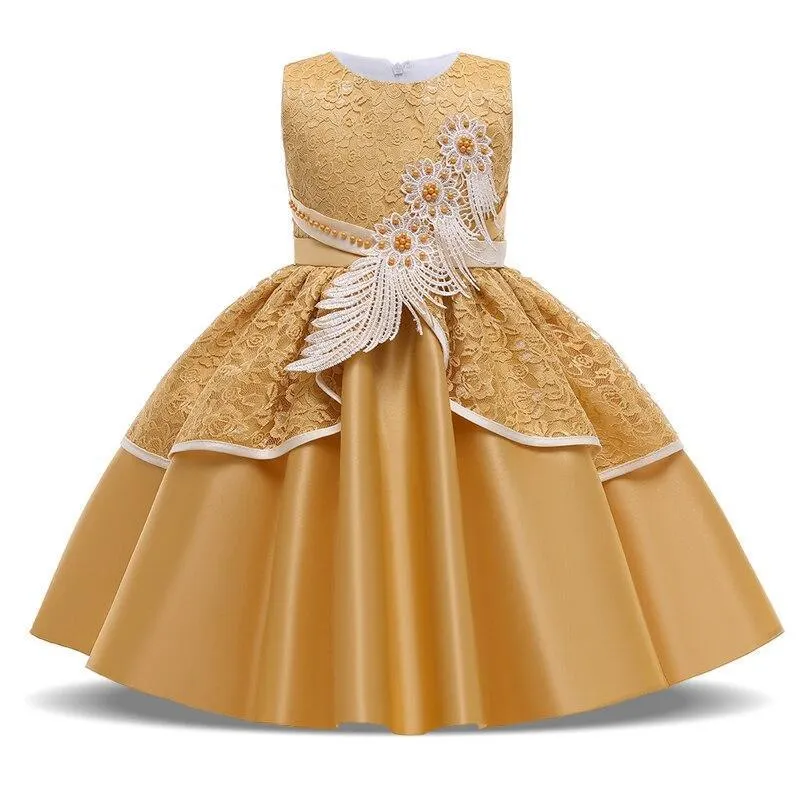 2021 Formal Kids Vintage Embroidery Dress For Girl Children Costume Prom Party Princess Dresses Girls Vestido Short Sleeve Gown 1113-1