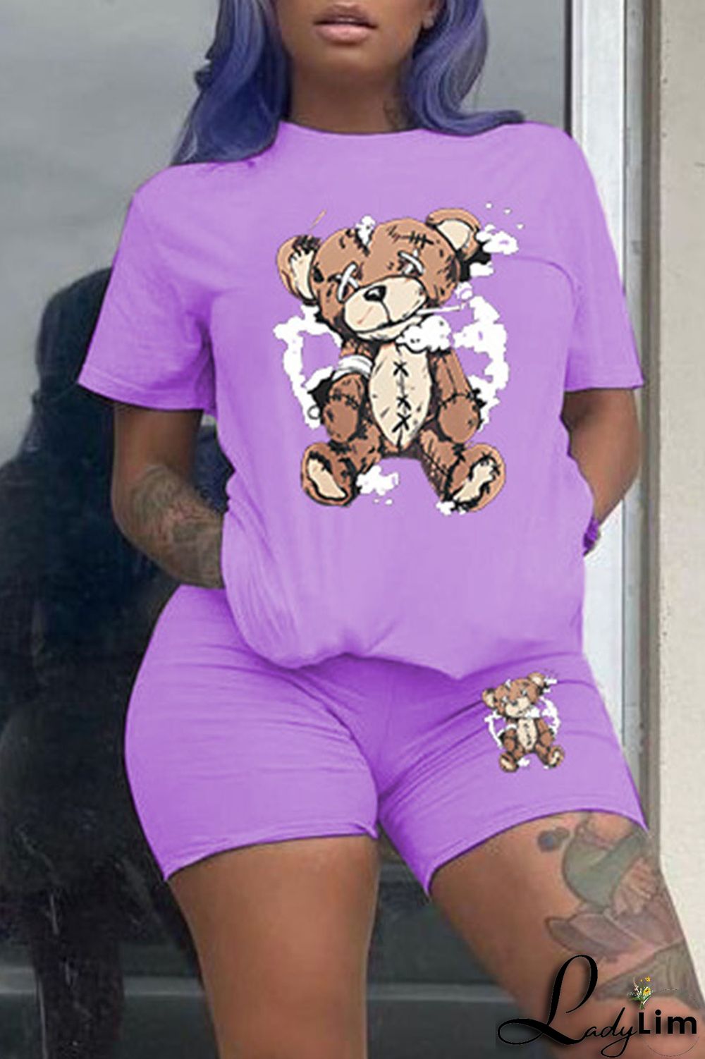 Purple Casual Print Patchwork O Neck Short Sleeve Two Pieces