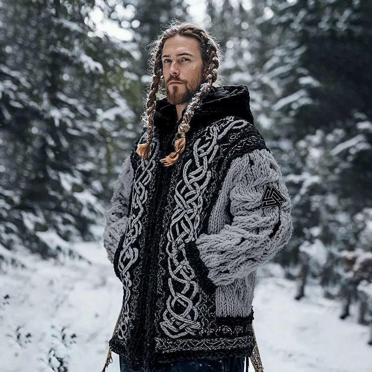 VChics Men's Viking Tribal Jacquard Celtic Chunky Knit Zipper Hooded Cardigan
