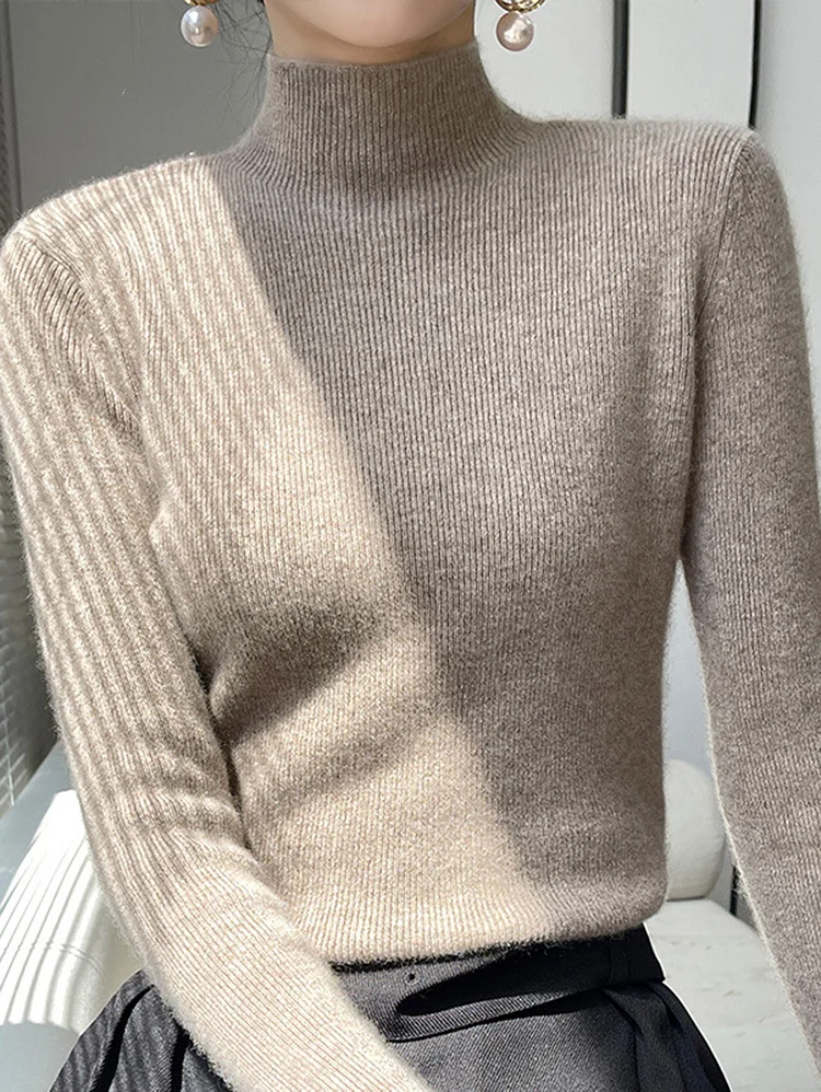 Casual Mock Neck Solid Long Sleeve Slim Knitted Sweater