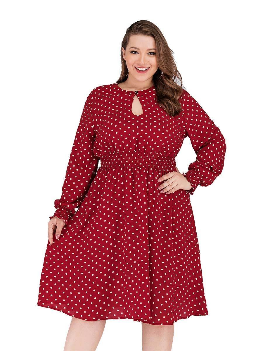Plus Size Dress Vintage Polka Dot Drop-shaped Hollow Design Dress