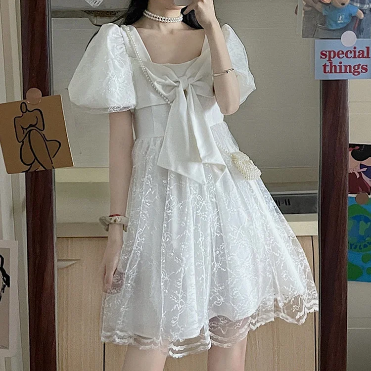 Bow Knot Square Collar Tulle Dress - Modakawa modakawa