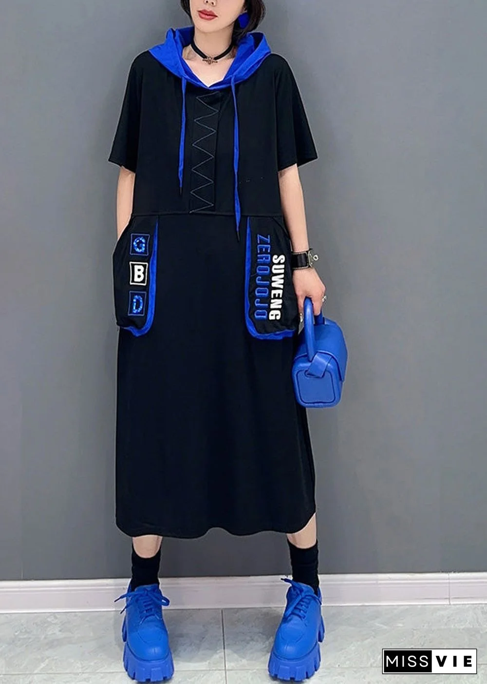 French Black Graphic Print Patchwork Vacation Hooded Maxi Dresses Short Sleeve