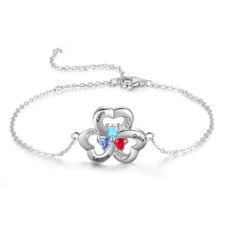 Clover Heart Bracelet 3 Birthstones Engraved 3 Names Connected Hearts