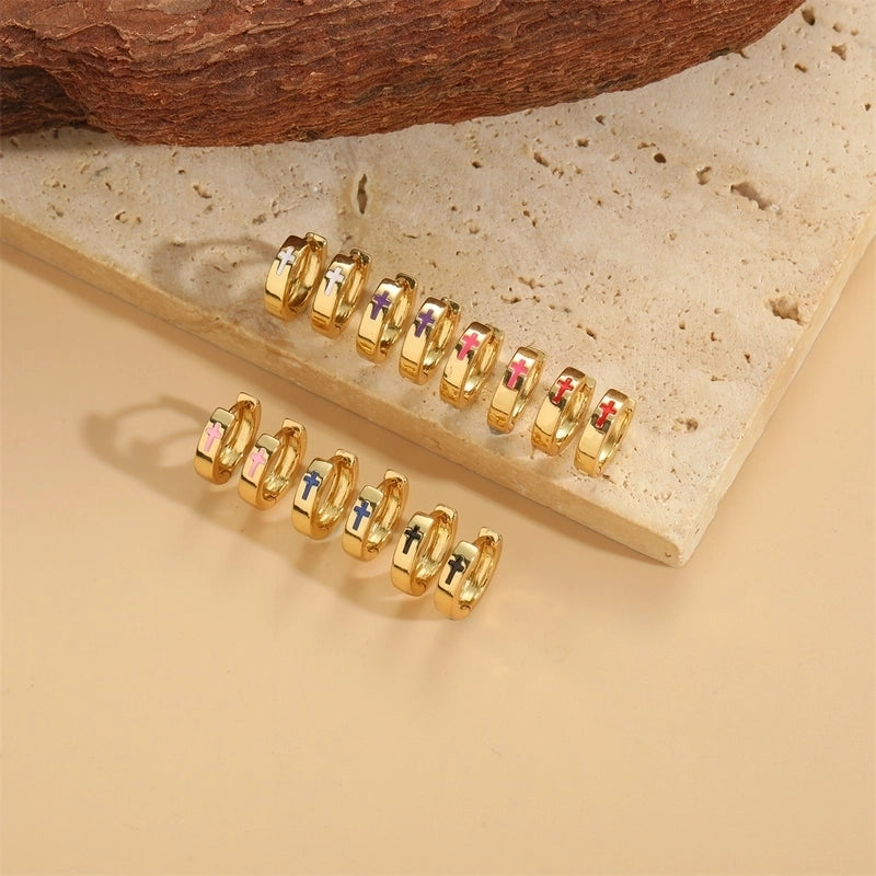 1 Pair Vintage Style Minimalist Commute Cross Enamel Copper 14K Gold Plated Earrings