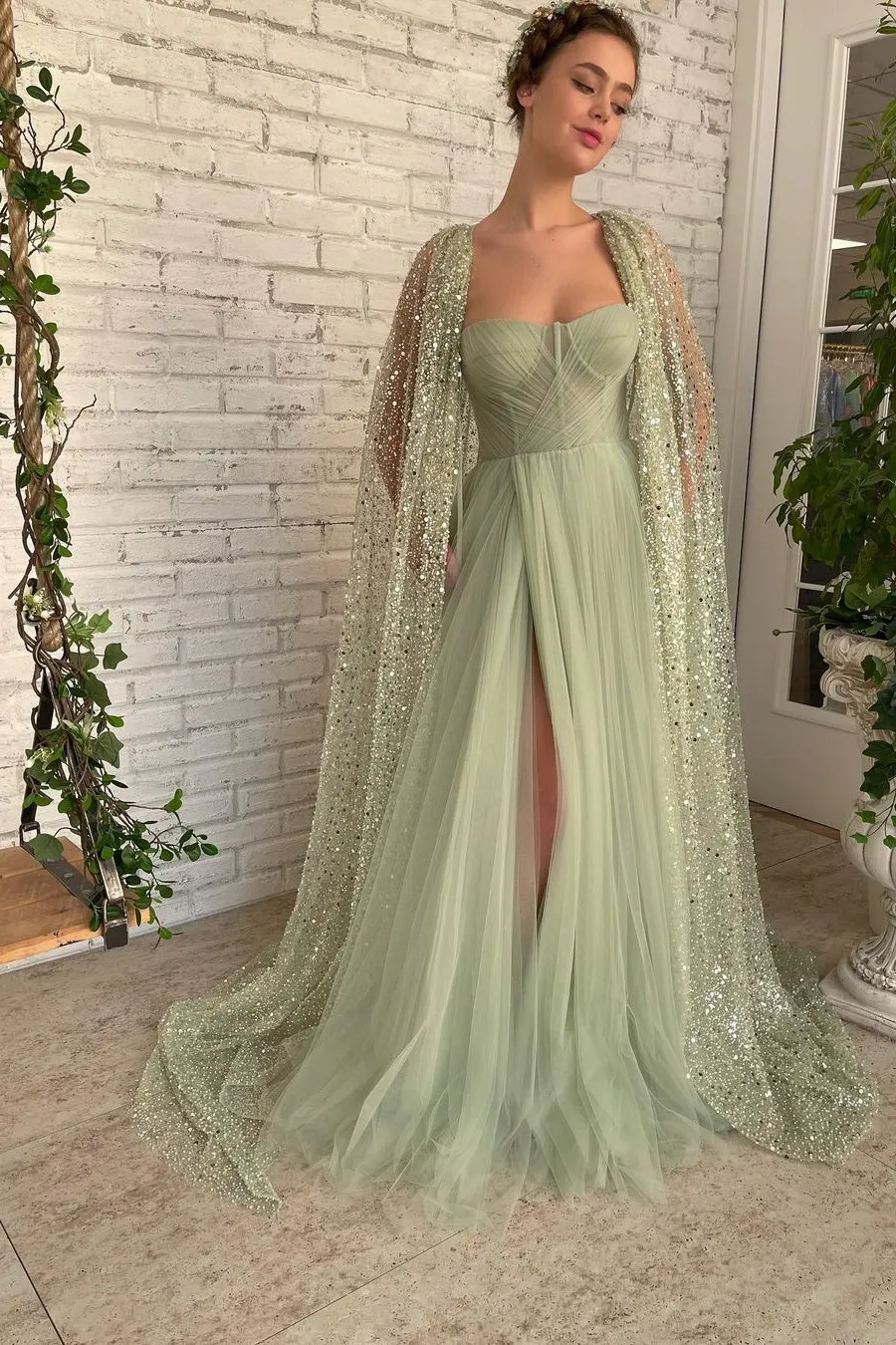 Dark Green Soft Satin Sweetheart Front Split Ruffles Prom Dress