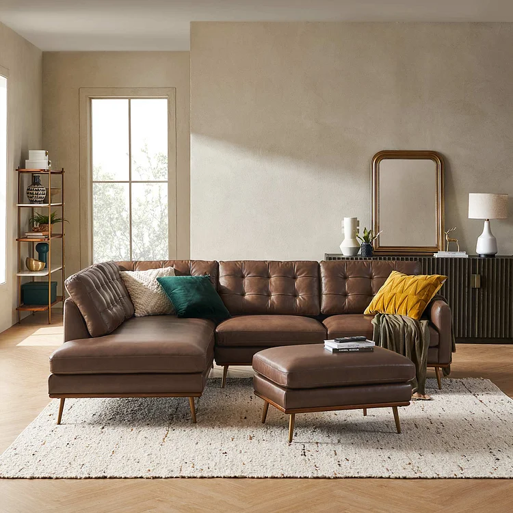 Isaac Leather Bumper Chaise Sectional Sofa with Ottoman