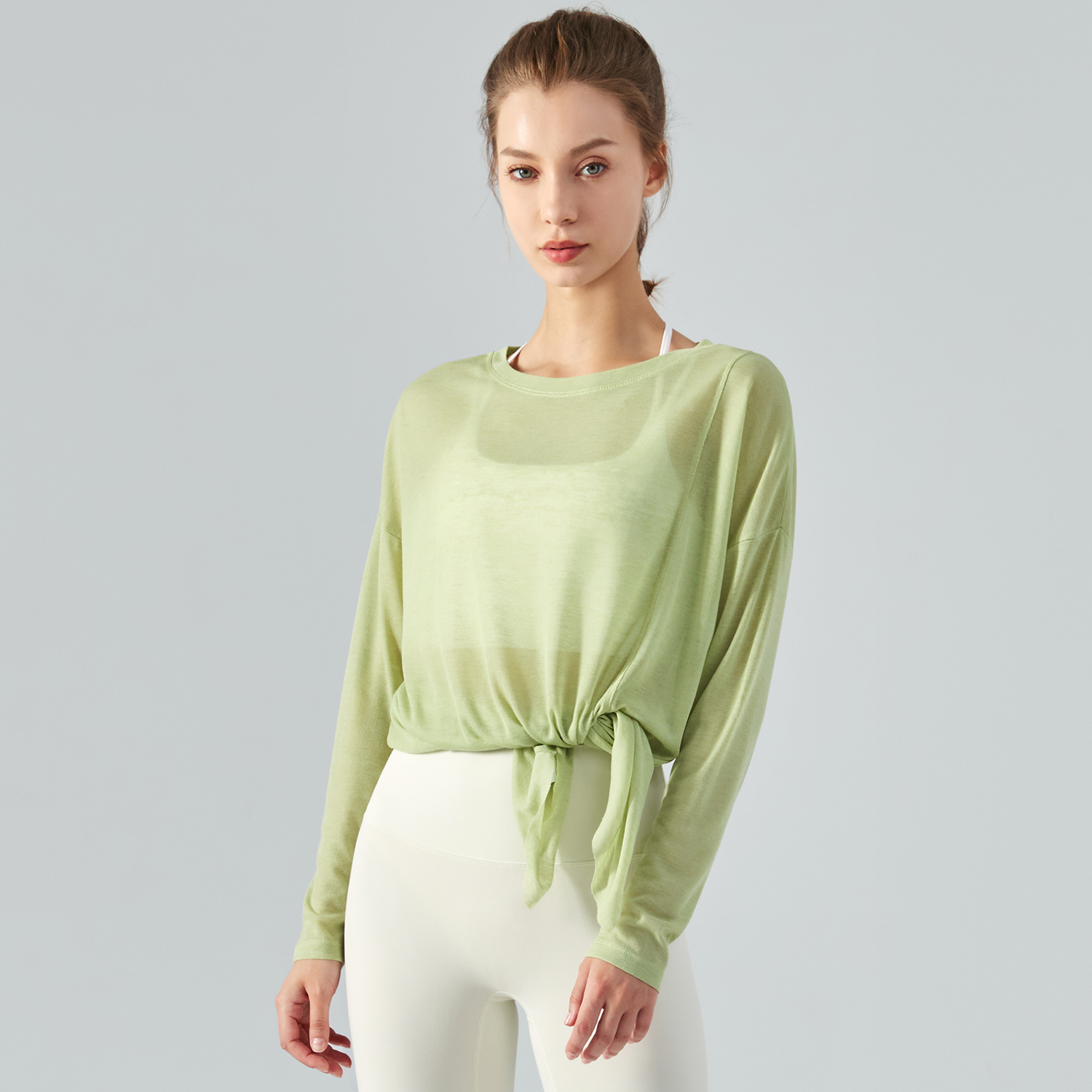 Buy Hergymclothing Celery Green long sleeve one side slit lightweight thin running shirt for summer womens online 