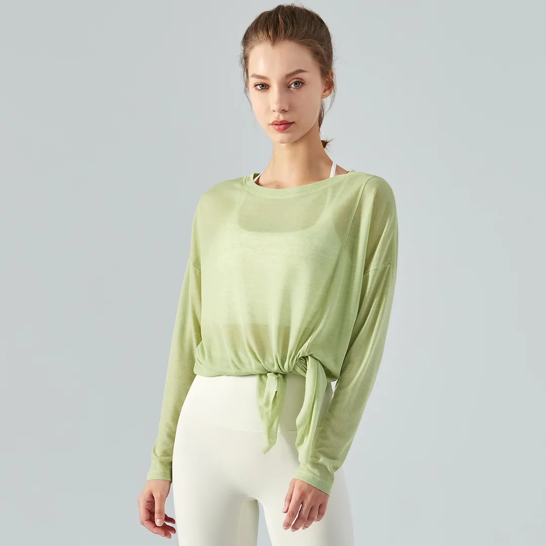 Buy Hergymclothing Celery Green long sleeve one side slit lightweight thin running shirt for summer womens online 