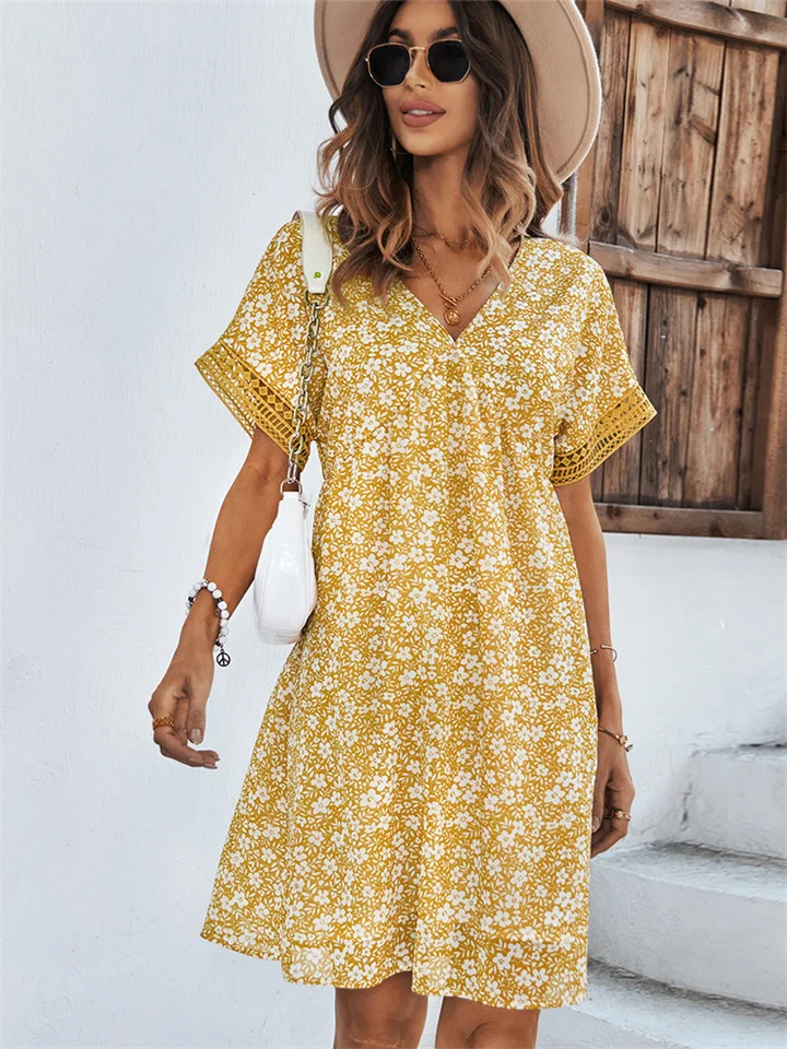 Fashion Women's Dresses Summer V-neck Chiffon Skirt Printed Short-sleeved Dress Yellow Green Black Blue