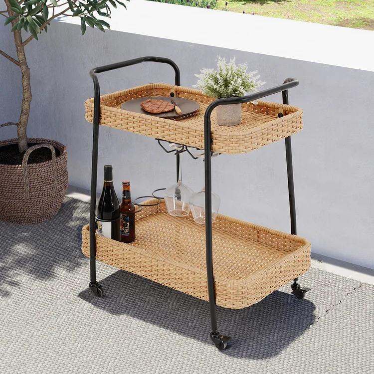 Outdoor & Indoor PE Wicker Steel 2-Tier Rolling Bar Beverage Cart Vaxjo  Natural Color