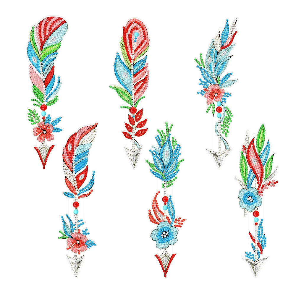 6pcs DIY Feather Diamond Painting Bookmarks with Crystal Pendant(Single Sided)