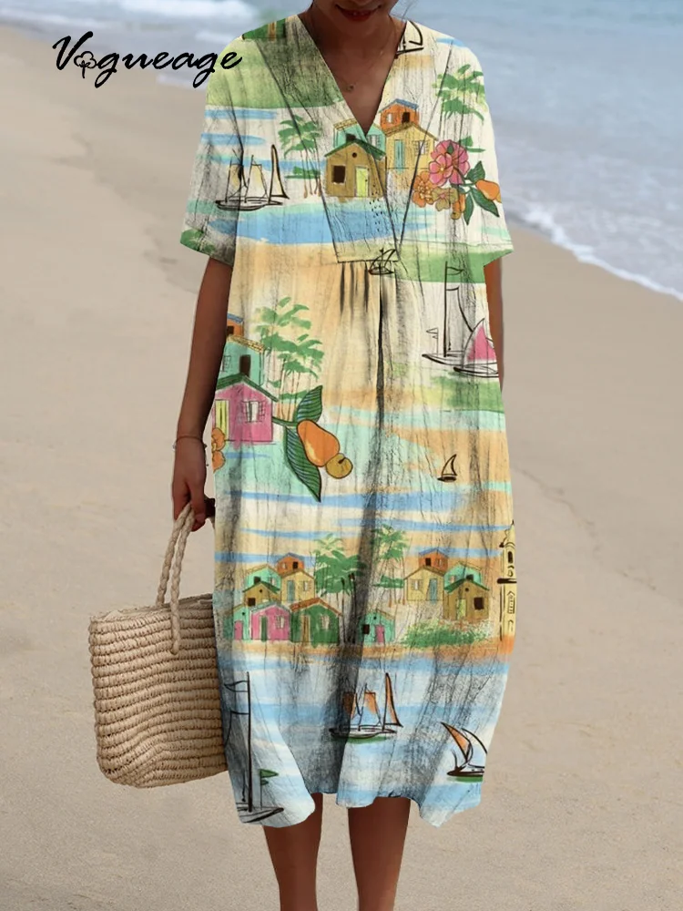 Casual Simple Stylish Beach House Printed Women's Casual Cotton And Linen Dress