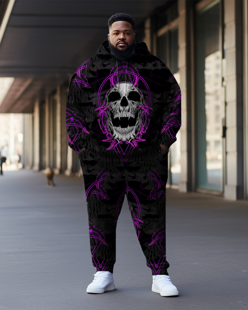 Men's Large Size Flame Purple Skull Graffiti Hoodie Two Piece Set