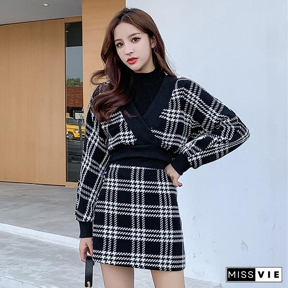 Fashion V-neck Plaid Two-Piece Set P11755
