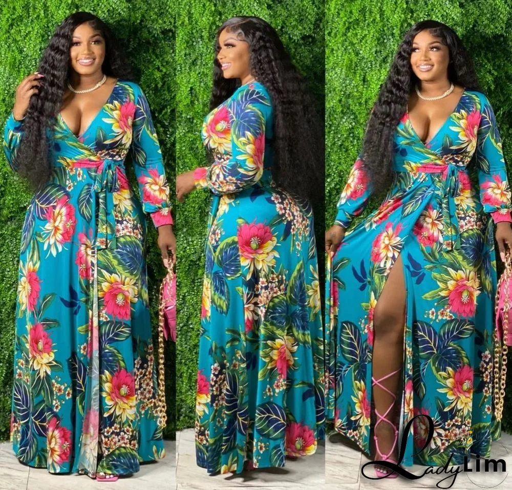 Women's Sexy V-Neck Floral Printed Plus Size Long Sleeve Slit Maxi Dress