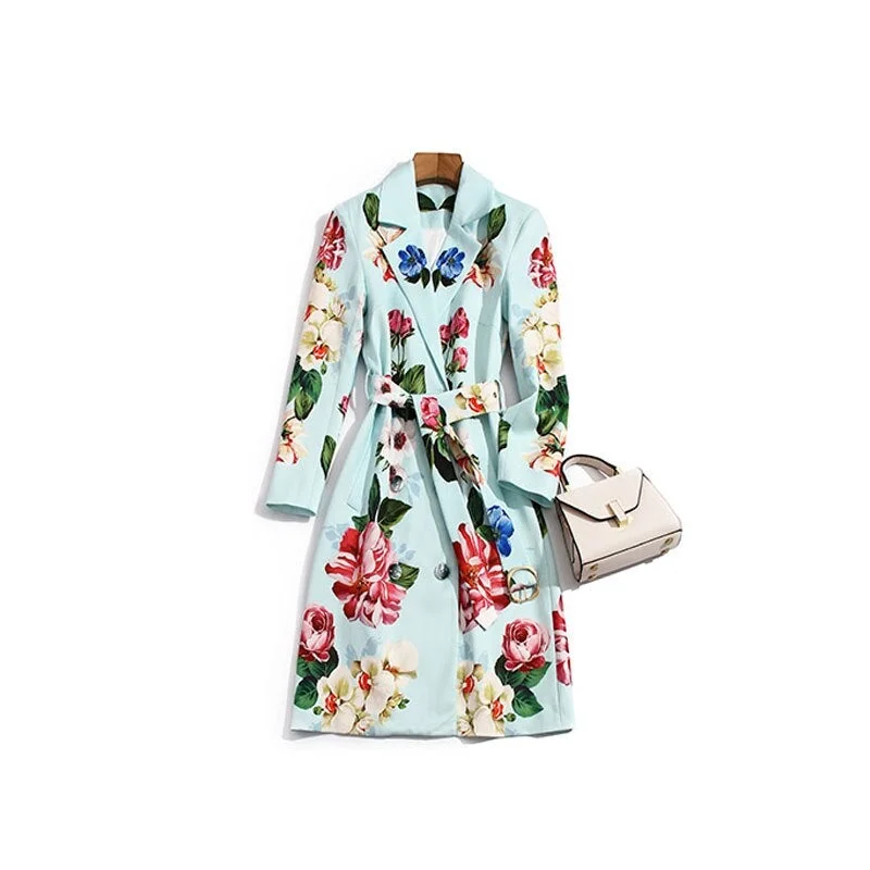 2021 Designer Summer Floral print Vintage Coat Outwear Women Long sleeve Belt Single Breasted Casual Overcoat