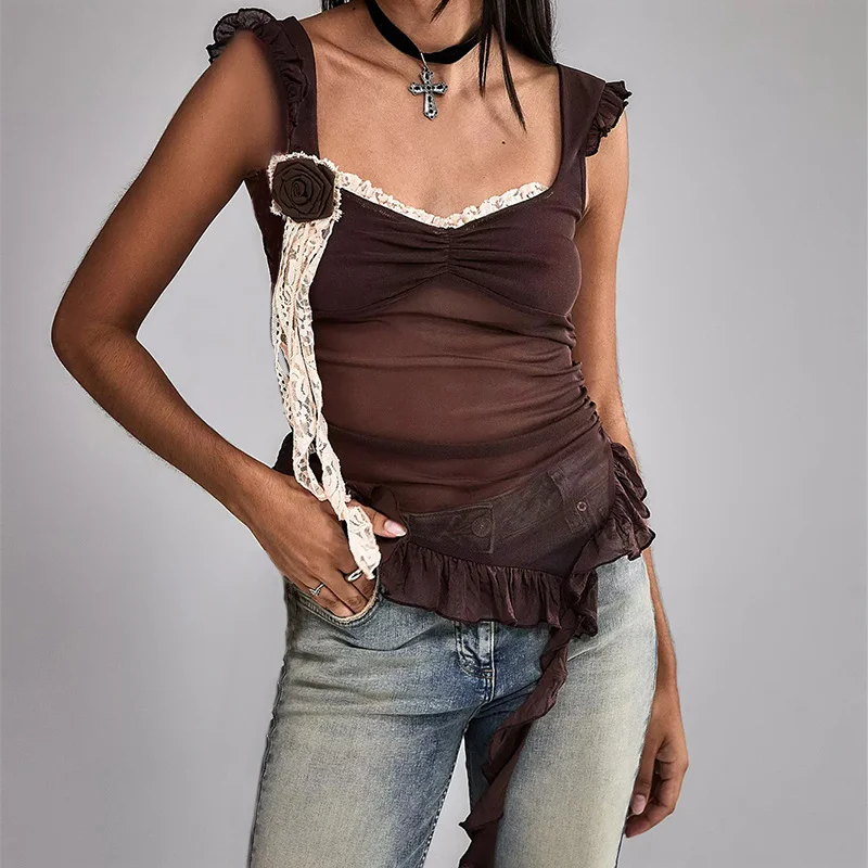 Uveng Uveng Summer New Women's Fashion Sexy Wood Ear Splicing Temperament Gauze Small Vest